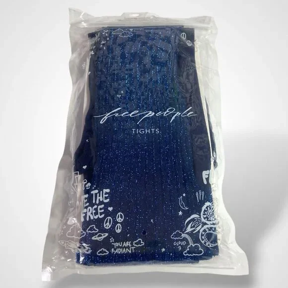 Free People Shimmer Tights NEW Dark Blue Ribbed One Size Boho Fall Made in Italy - Picture 3 of 8